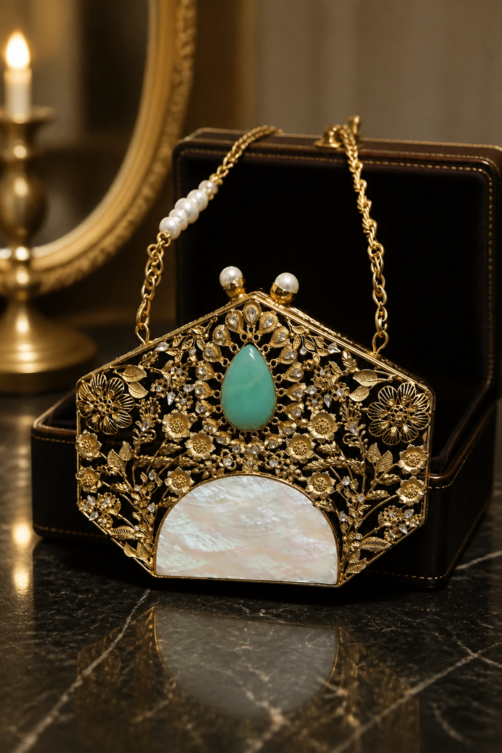 Handcrafted mother of pearl filigree bag with amazonite