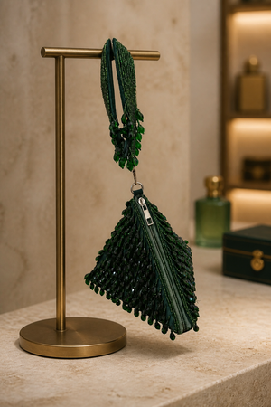 Luxury green beaded wristlet bag with intricate handcrafted beadwork and contemporary triangular design