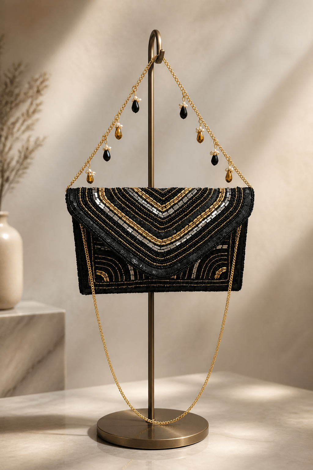 Luxury black beadwork bag with gold sequin embroidery and elegant chain sling design for evening and party wear