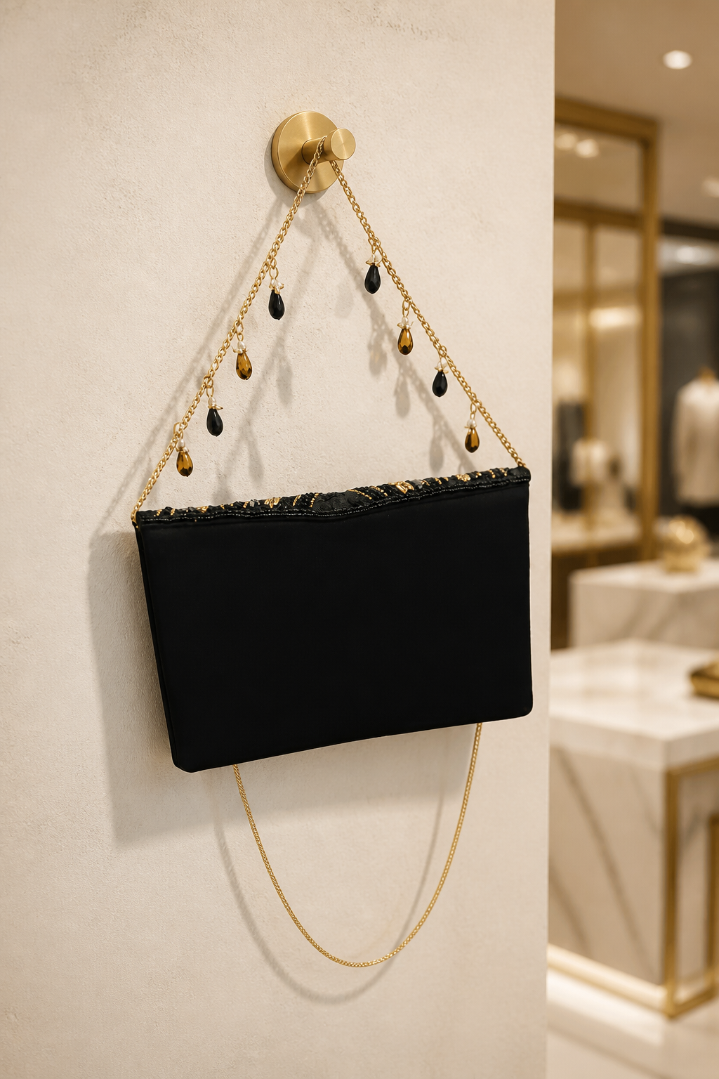 Luxury black beadwork bag with gold sequin embroidery and elegant chain sling design for evening and party wear