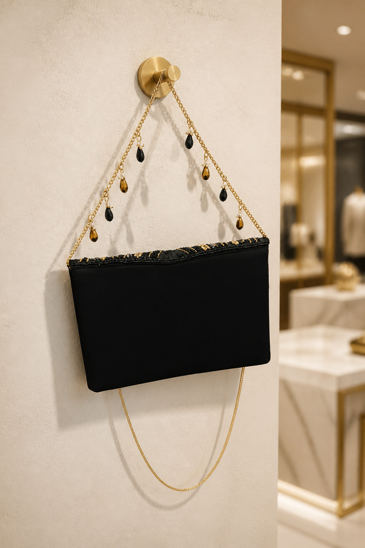 Luxury black beadwork bag with gold sequin embroidery and elegant chain sling design for evening and party wear