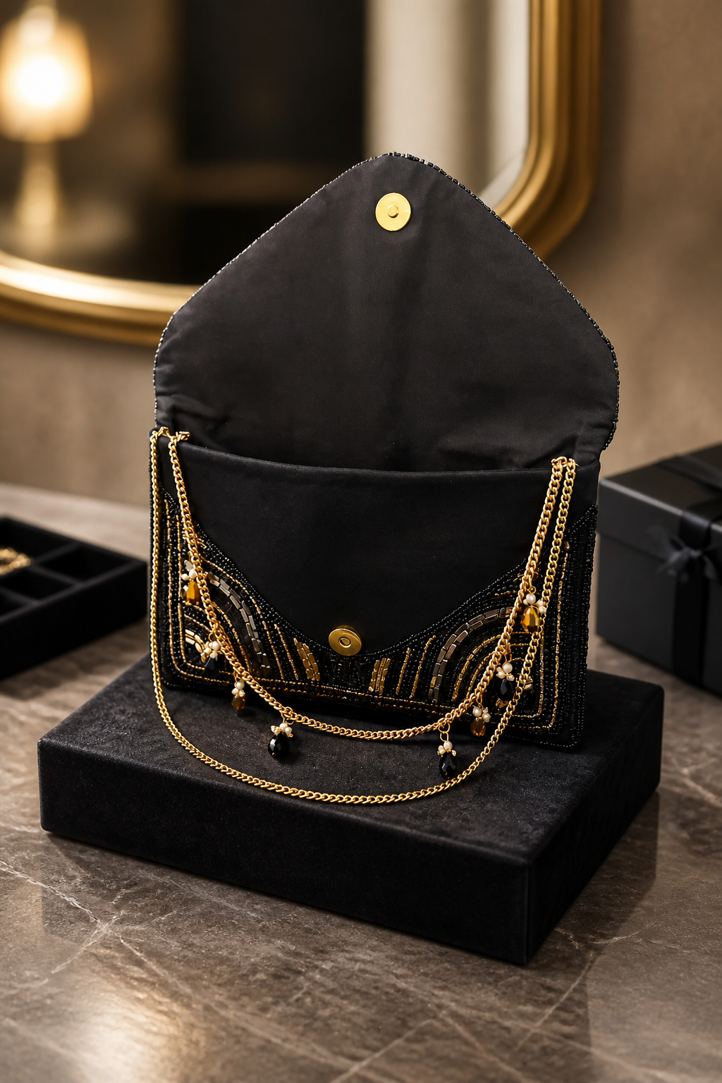 Luxury black beadwork bag with gold sequin embroidery and elegant chain sling design for evening and party wear