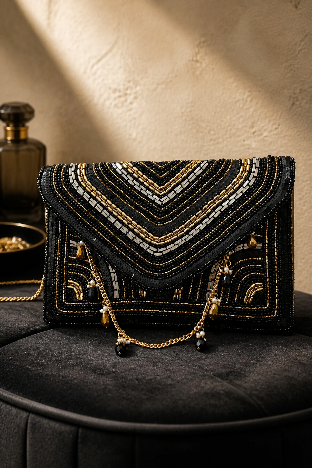 Luxury black beadwork bag with gold sequin embroidery and elegant chain sling design for evening and party wear