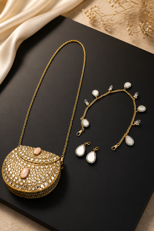 Luxury Noor Mirror Mini Bag with crystal embellishments, mirror detailing, pink stone accents, and gold chain sling design