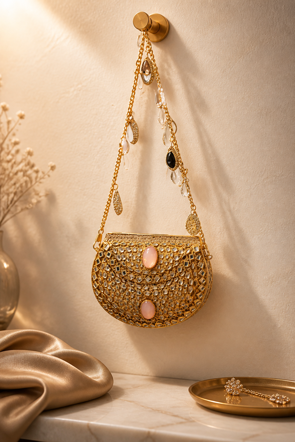 Luxury Noor Mirror Mini Bag with crystal embellishments, mirror detailing, pink stone accents, and gold chain sling design