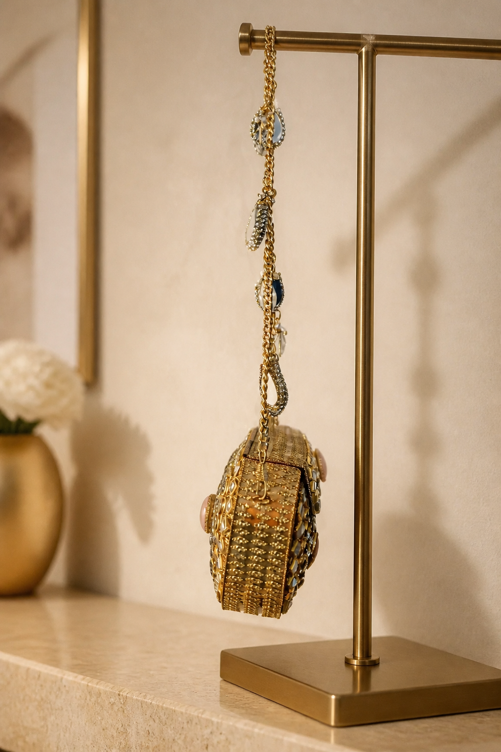 Luxury Noor Mirror Mini Bag with crystal embellishments, mirror detailing, pink stone accents, and gold chain sling design