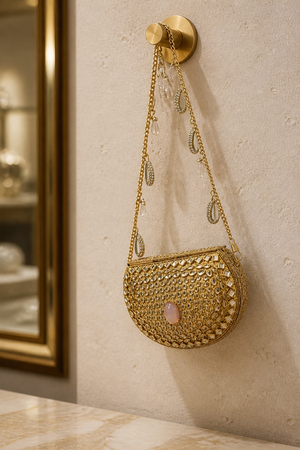 Luxury Noor Mirror Mini Bag with crystal embellishments, mirror detailing, pink stone accents, and gold chain sling design