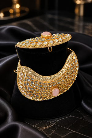 Luxury Noor Mirror Mini Bag with crystal embellishments, mirror detailing, pink stone accents, and gold chain sling design