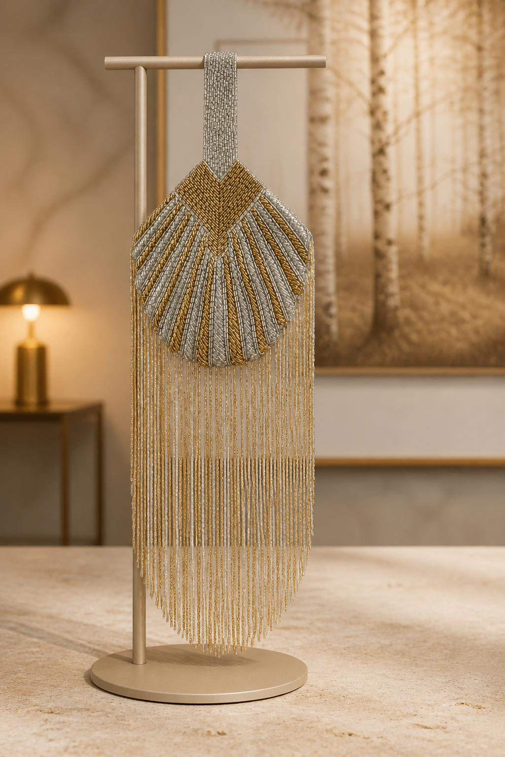 Luxury handcrafted fringe potli bag with gold and silver beadwork and long tassel detailing for party and festive wear