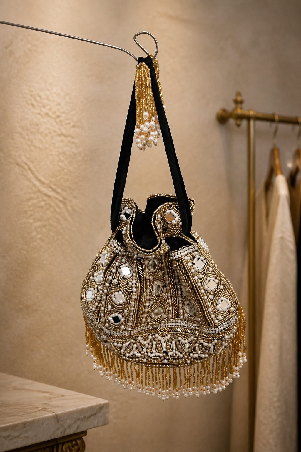 Luxury handcrafted potli bag with mirror embellishments, pearl detailing, embroidery, and elegant tassel fringe design