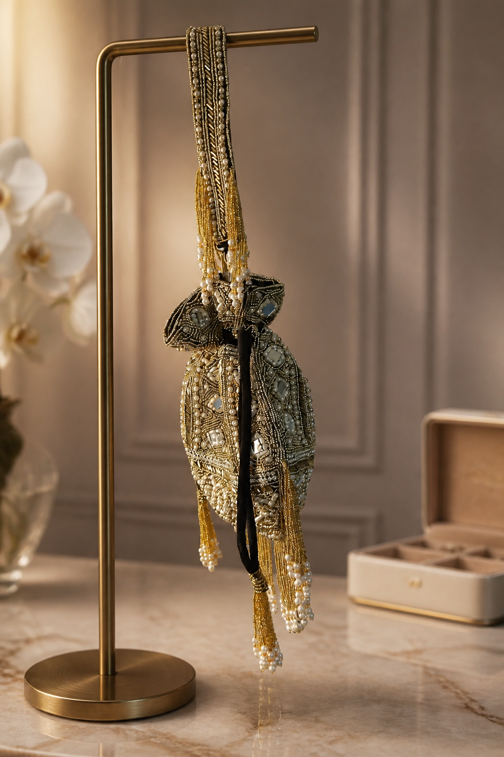 Luxury handcrafted potli bag with mirror embellishments, pearl detailing, embroidery, and elegant tassel fringe design