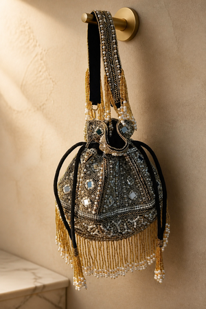 Luxury handcrafted potli bag with mirror embellishments, pearl detailing, embroidery, and elegant tassel fringe design