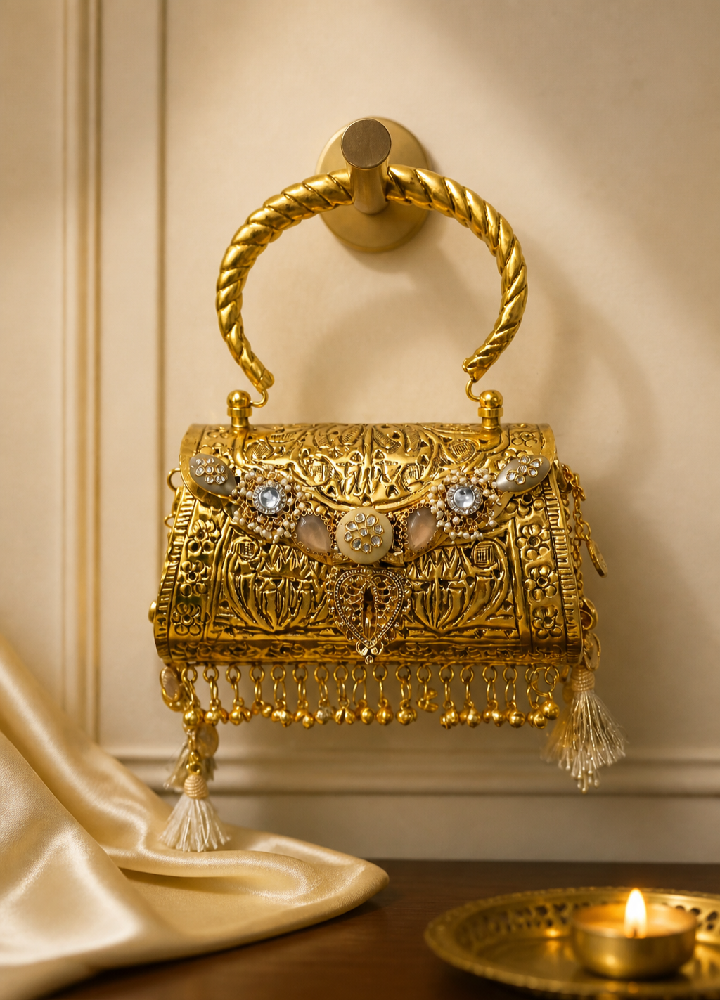 Luxury Alaka mini bag with intricate gold embossed detailing, crystal embellishments, tassels, and metallic handle design