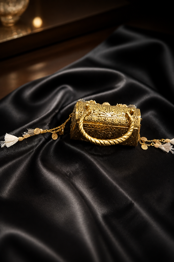 Luxury Alaka mini bag with intricate gold embossed detailing, crystal embellishments, tassels, and metallic handle design
