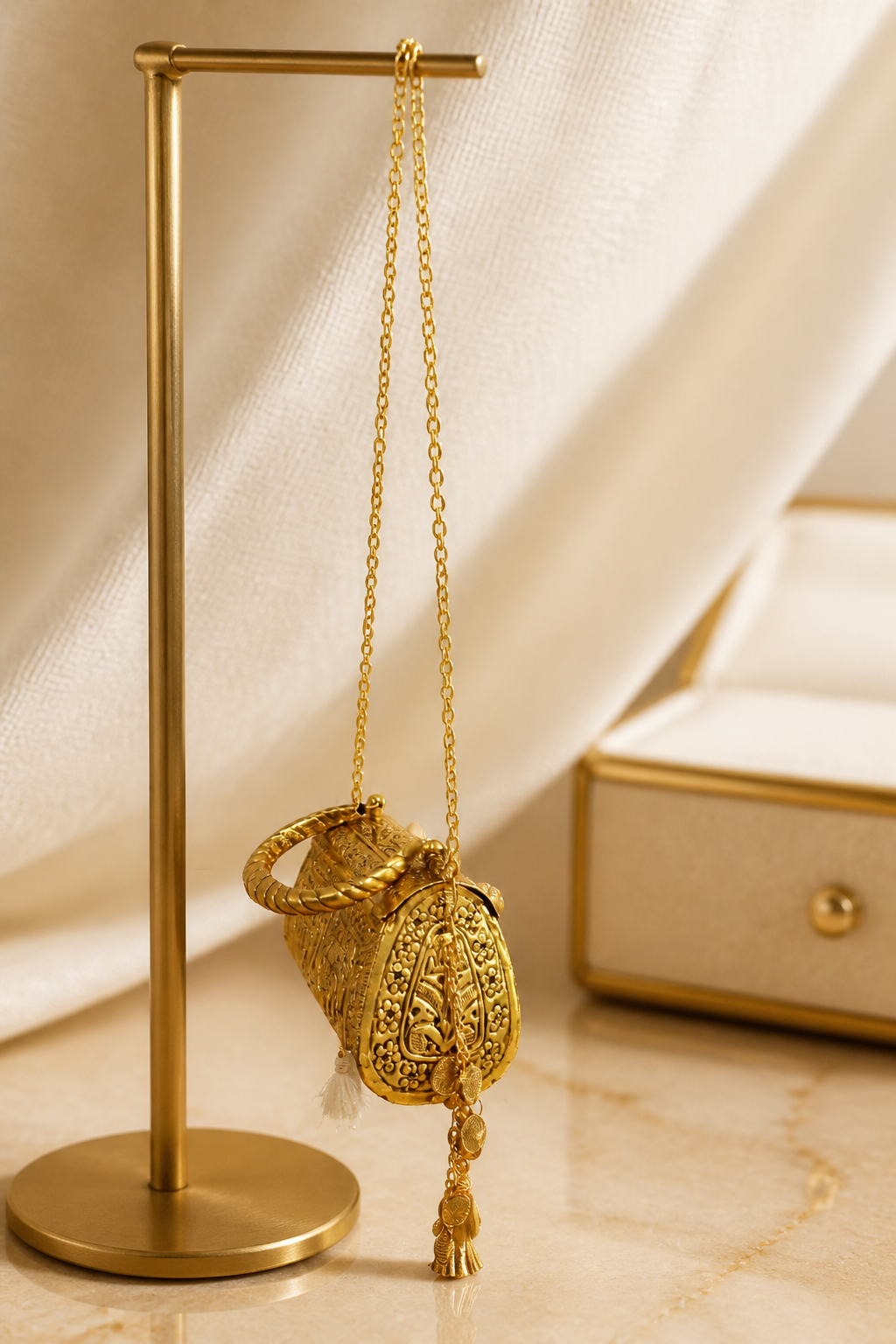 Luxury Alaka mini bag with intricate gold embossed detailing, crystal embellishments, tassels, and metallic handle design