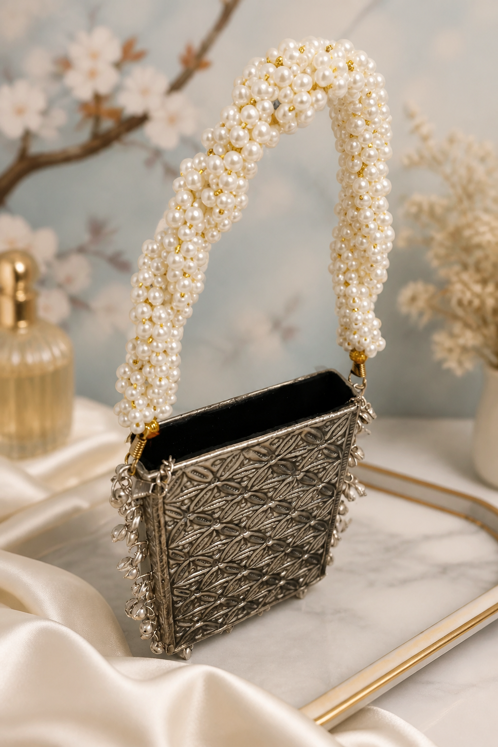 Silver Carved Mobile Holder Bag