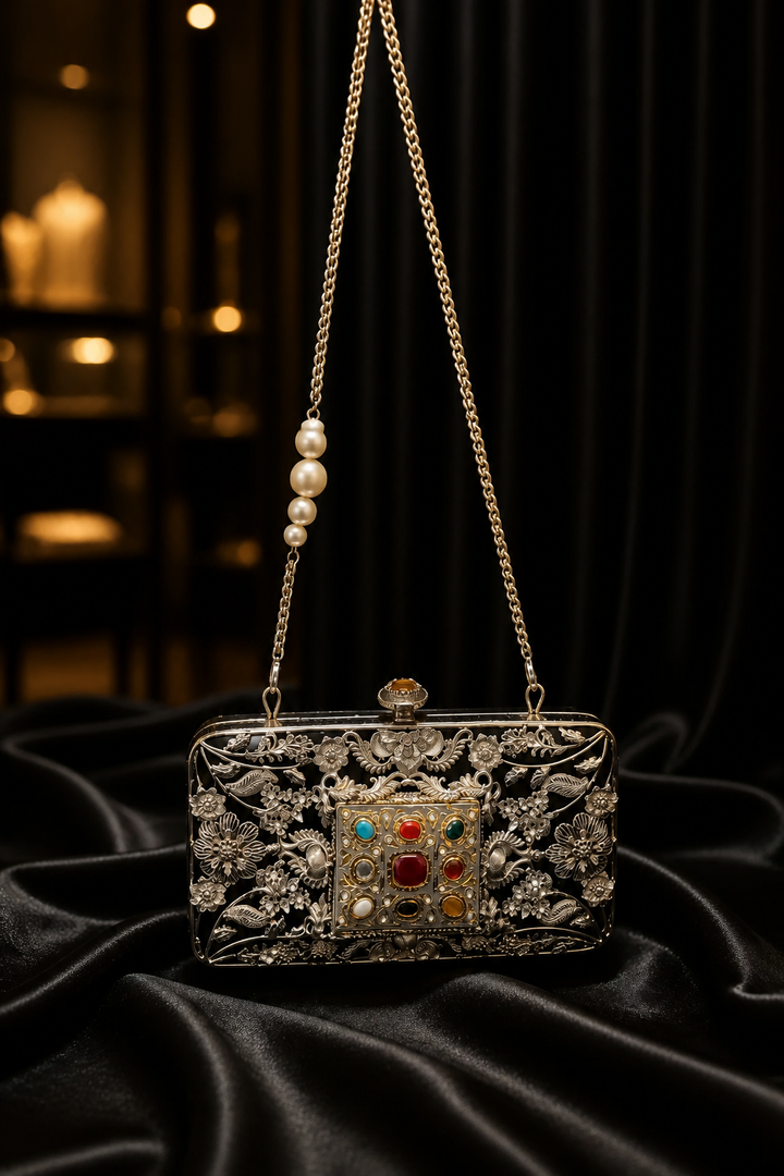 Luxury Meenakari filigree clutch bag with intricate floral metal detailing, colourful stone embellishments, and pearl chain sling design