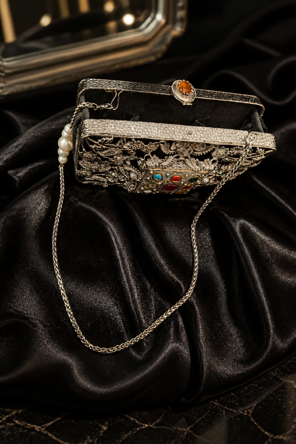 Luxury Meenakari filigree clutch bag with intricate floral metal detailing, colourful stone embellishments, and pearl chain sling design