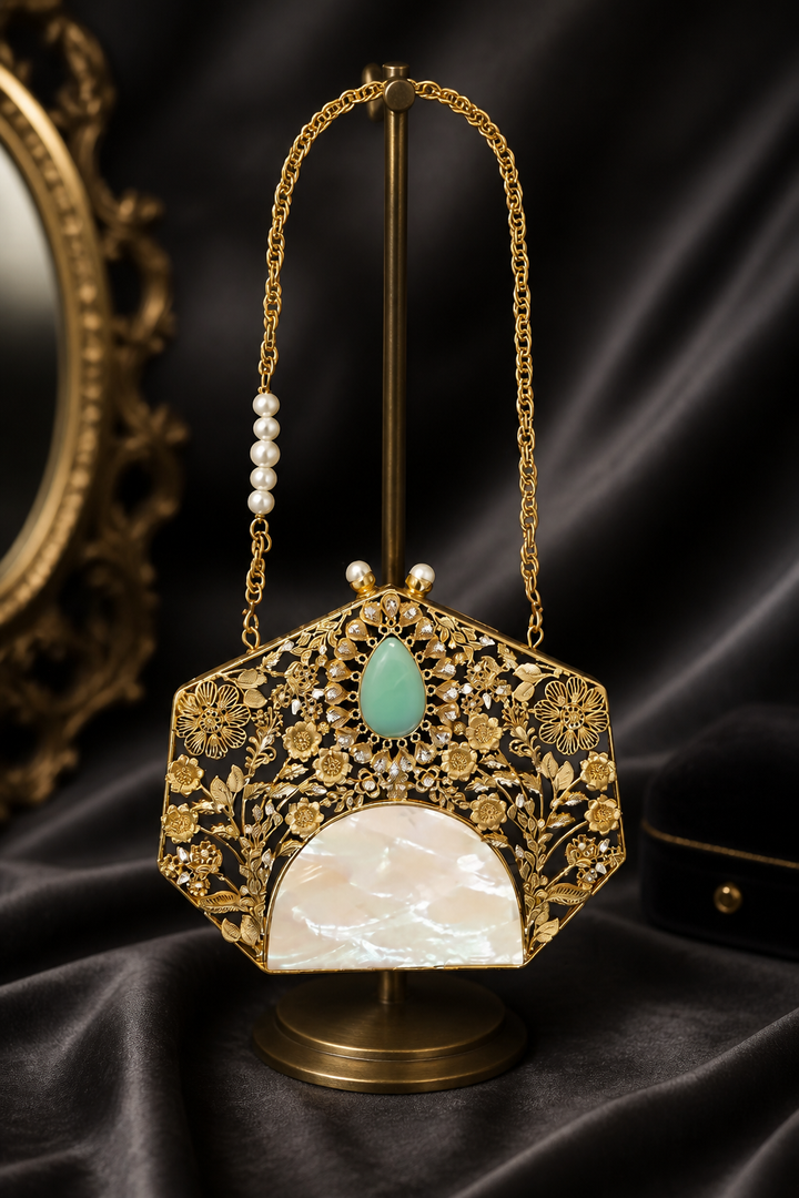 Handcrafted mother of pearl filigree bag with amazonite