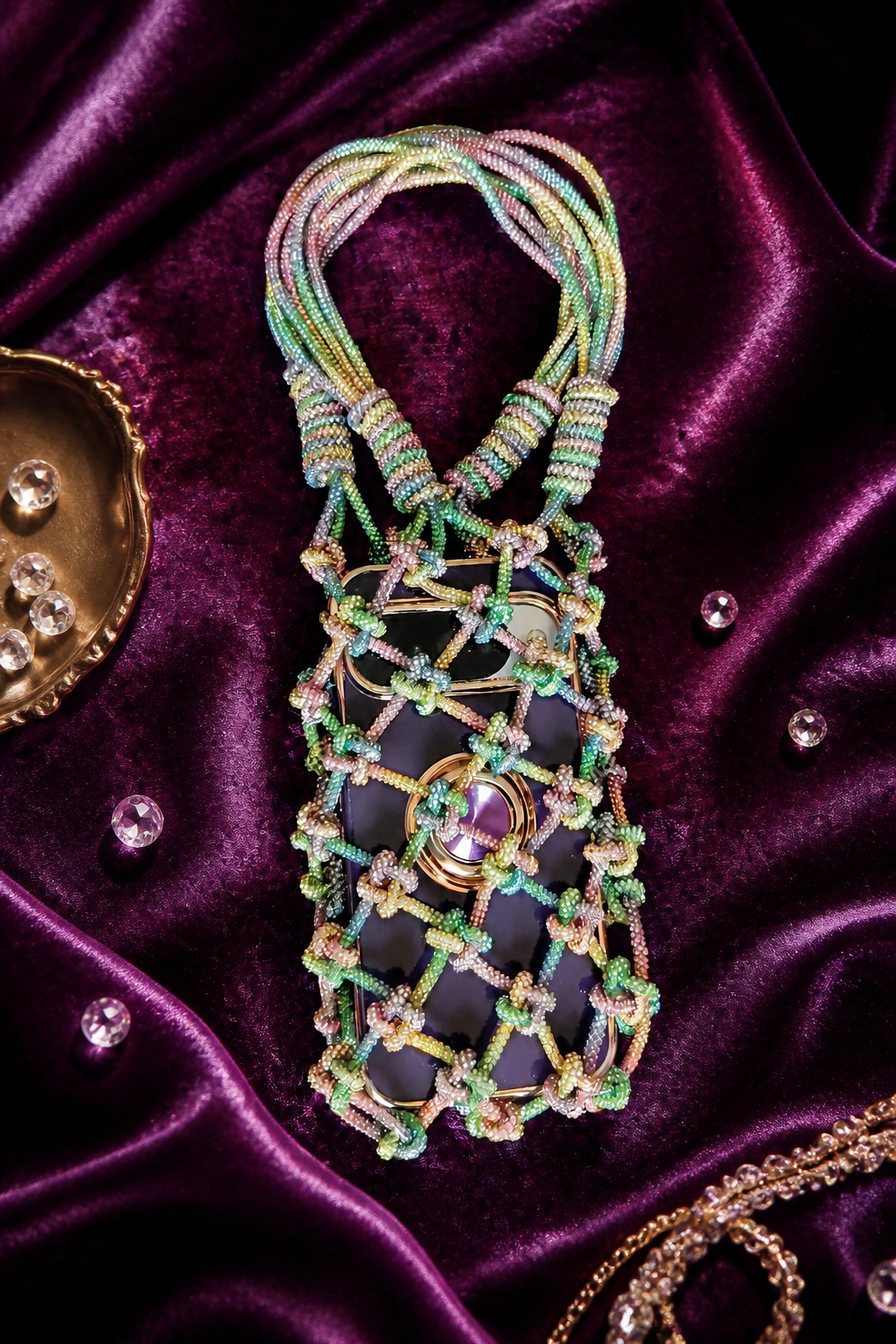 Handcrafted multicolor beaded net bag with intricate boho beadwork and contemporary designer style