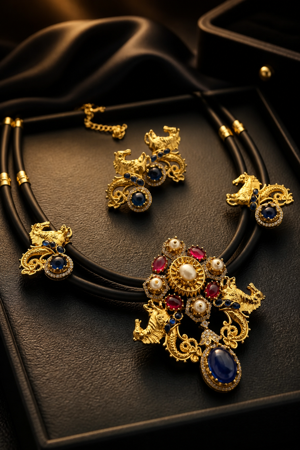 Antique gold horse motif necklace on black cord with blue and pink stones, pearl detailing, and matching designer earrings displayed on a jewellery bust