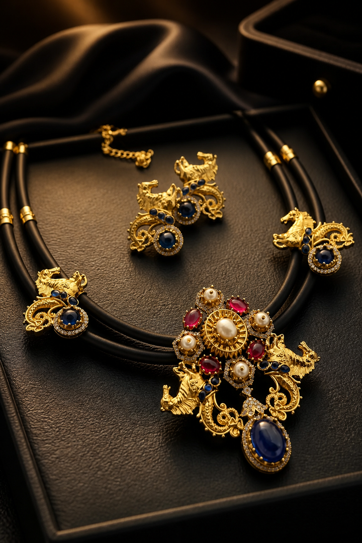 Antique gold horse motif necklace on black cord with blue and pink stones, pearl detailing, and matching designer earrings displayed on a jewellery bust