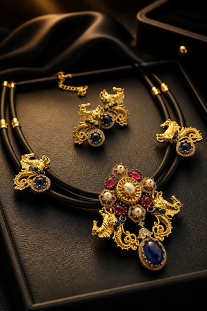Antique gold horse motif necklace on black cord with blue and pink stones, pearl detailing, and matching designer earrings displayed on a jewellery bust