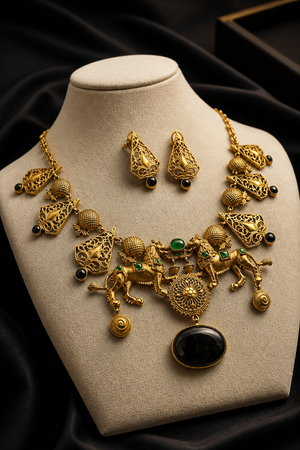Antique gold lion motif statement necklace with black onyx stone pendant, intricate filigree detailing, and matching designer earrings on a black background