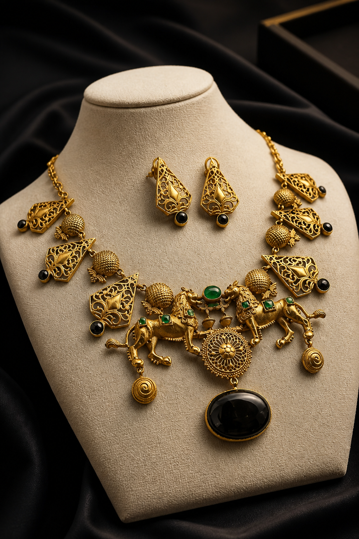 Antique gold lion motif statement necklace with black onyx stone pendant, intricate filigree detailing, and matching designer earrings on a black background