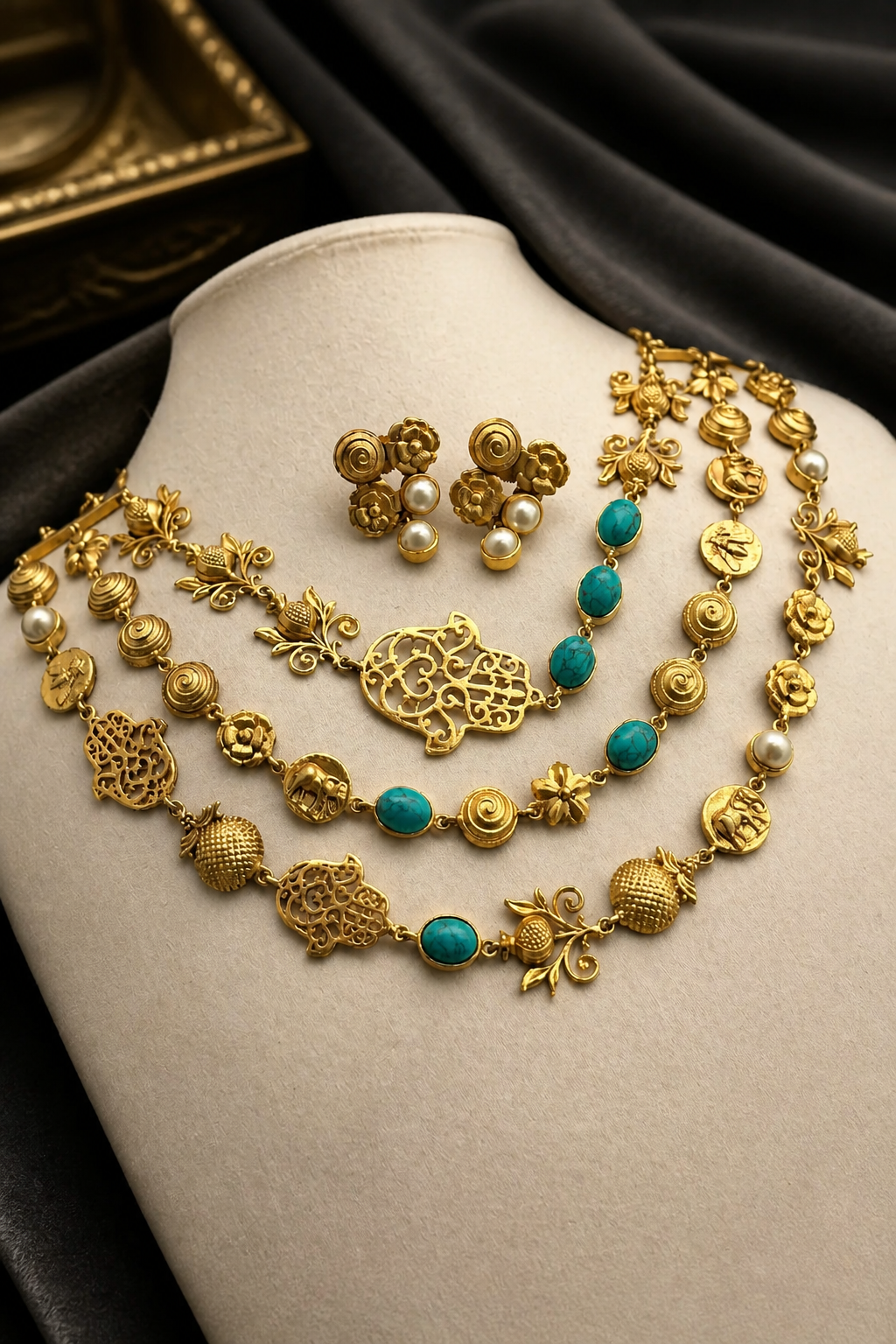 Antique gold layered necklace set with turquoise stones, floral motifs, heritage charms, and matching stud earrings displayed on a jewellery bust