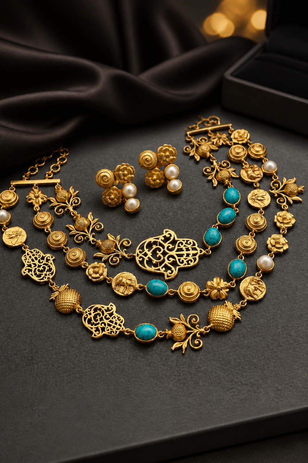 Antique gold layered necklace set with turquoise stones, floral motifs, heritage charms, and matching stud earrings displayed on a jewellery bust