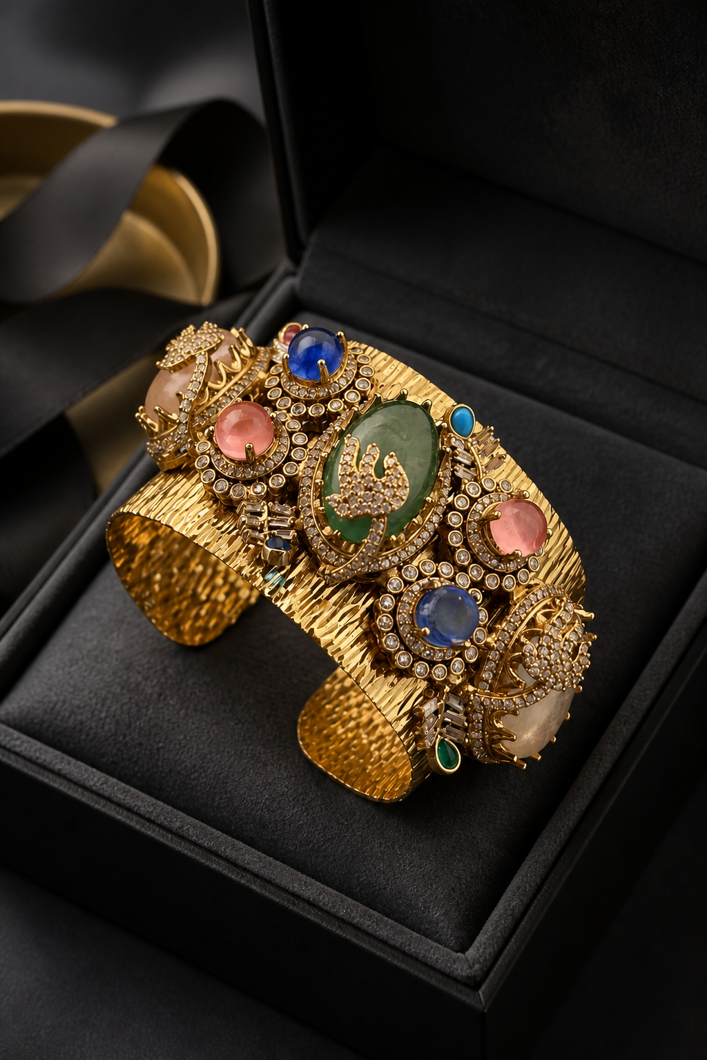 Gold textured ethnic cuff bracelet with coloured stones and AD detailing in traditional designer style