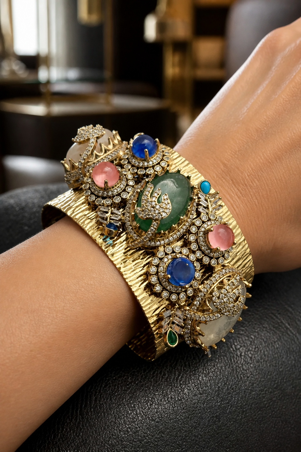Gold textured ethnic cuff bracelet with coloured stones and AD detailing in traditional designer style