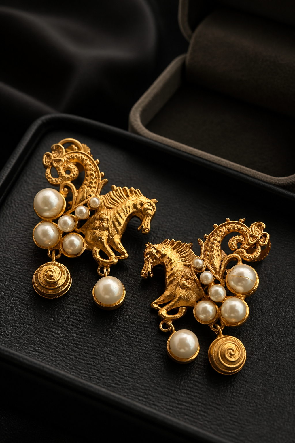Traditional gold horse motif earrings with shell pearl detailing and intricate ethnic design