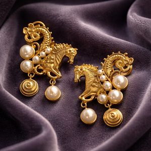 Traditional gold horse motif earrings with shell pearl detailing and intricate ethnic design