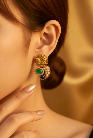 Tiger coin earring with green & blue onyx