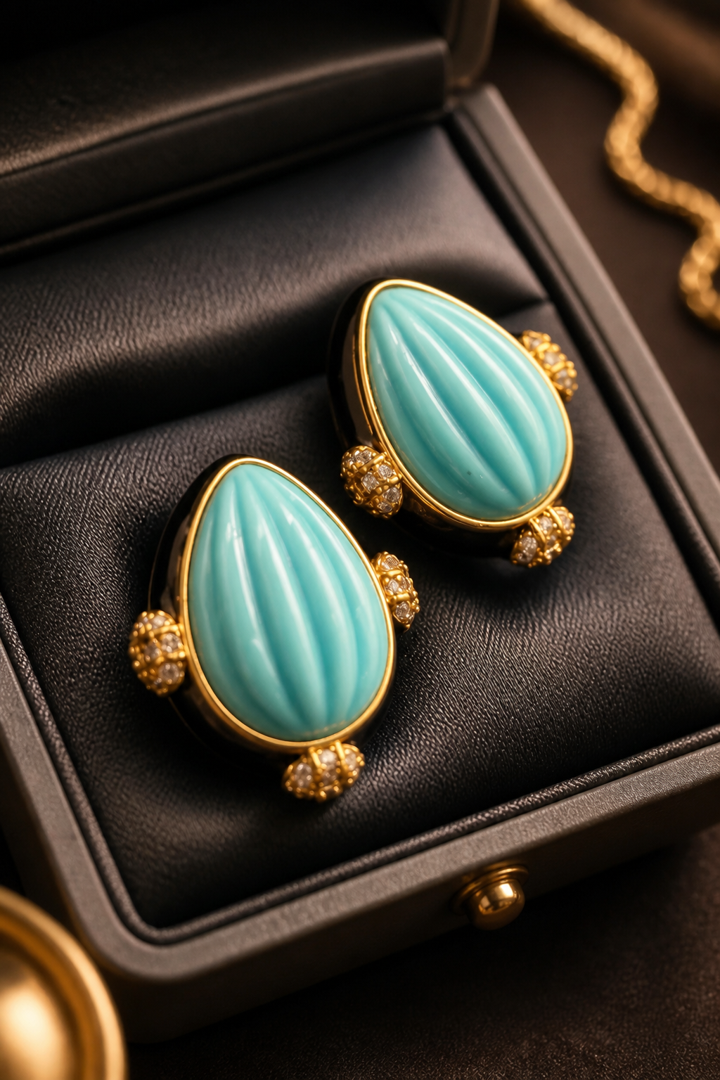 Earring with carved stone with black enamel