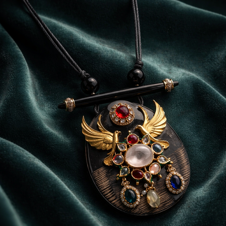 Resin pendant with bird motif and kundan and coloured stones