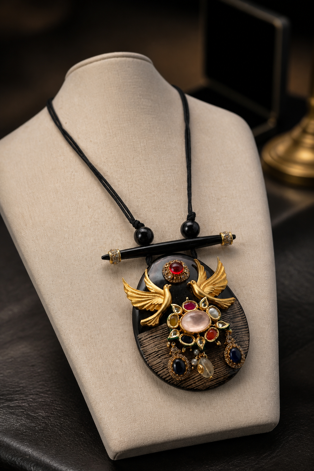 Resin pendant with bird motif and kundan and coloured stones