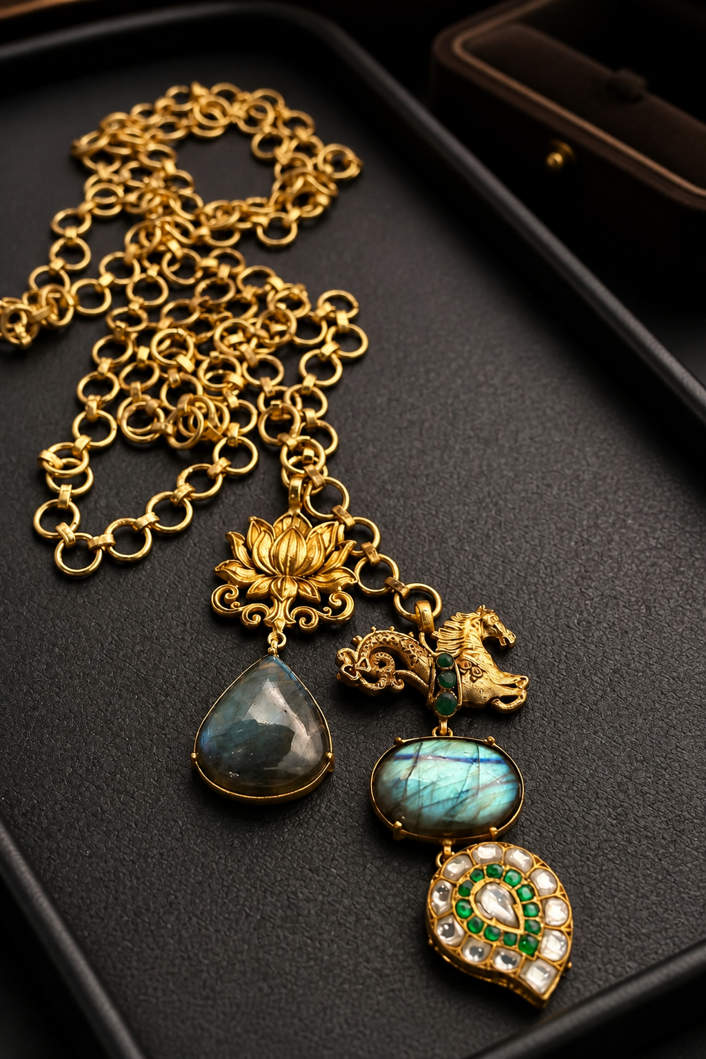 Designer wrap around necklace with labradorite stones and intricate gold lotus motif & seahorse motif in artistic kundan paisley drop ethnic style