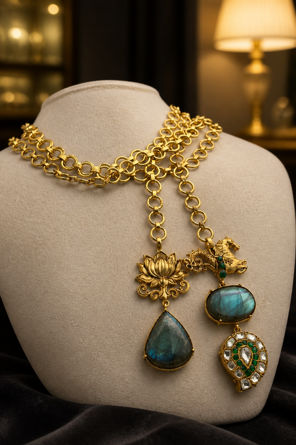 Designer wrap around necklace with labradorite stones and intricate gold motifs in artistic ethnic style