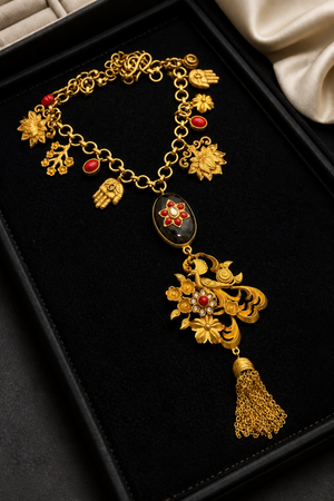 Designer charms style necklace with coral detailing and tassel pendant in traditional ethnic jewellery style