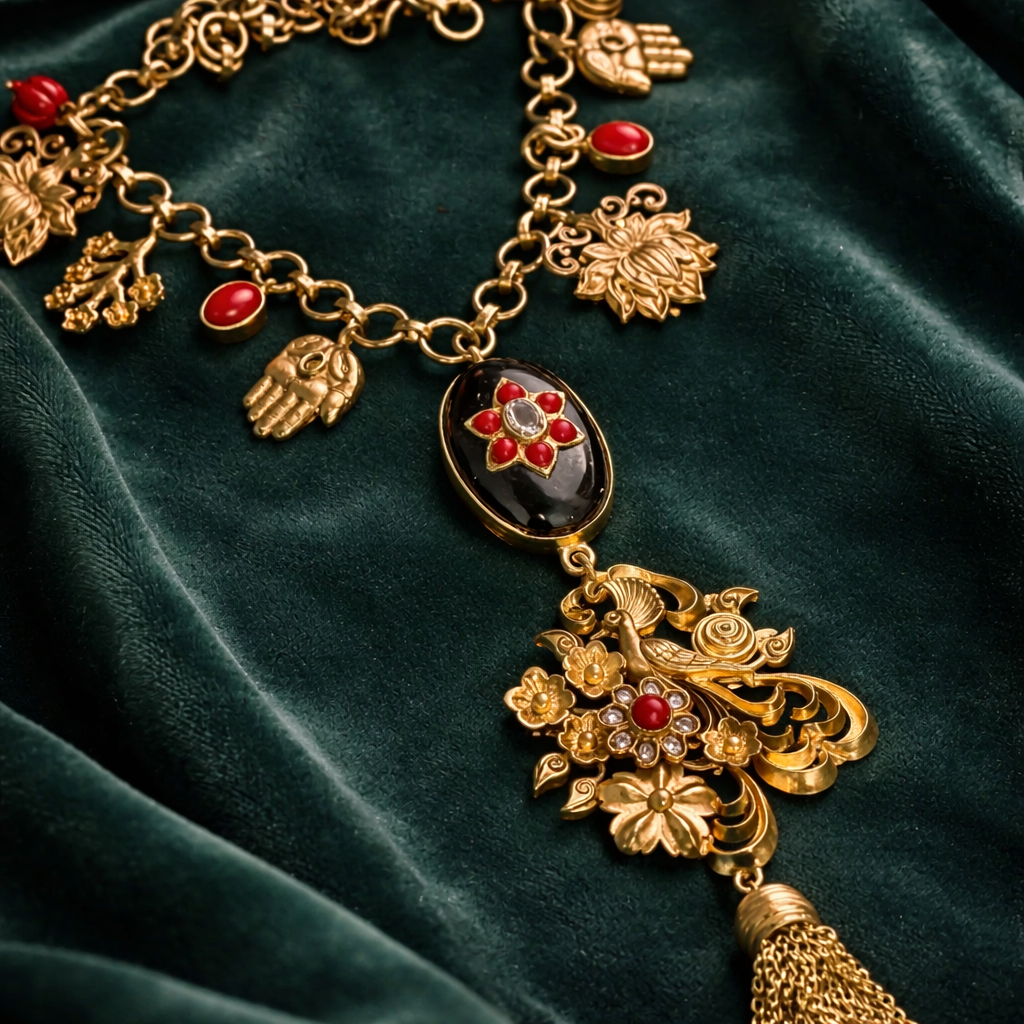 Designer charms style necklace with coral detailing and tassel pendant in traditional ethnic jewellery style