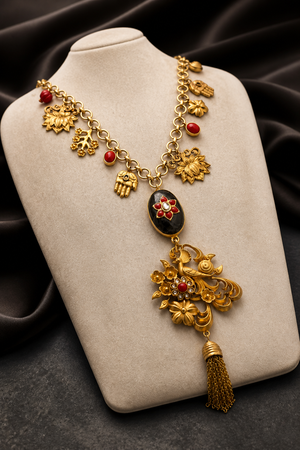 Designer charms style necklace with coral detailing and tassel pendant in traditional ethnic jewellery style