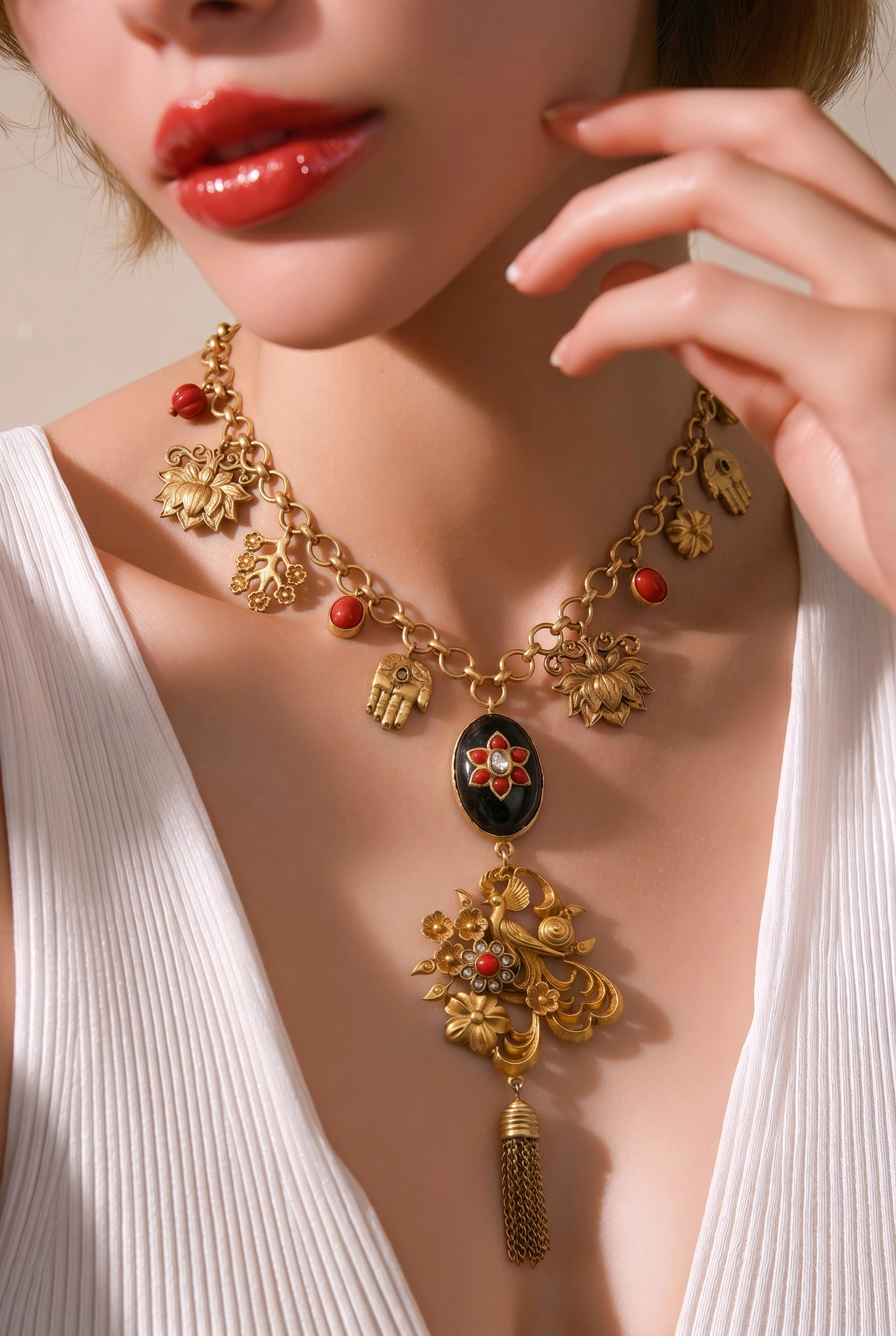 Designer charms style necklace with coral detailing and tassel pendant in traditional ethnic jewellery style