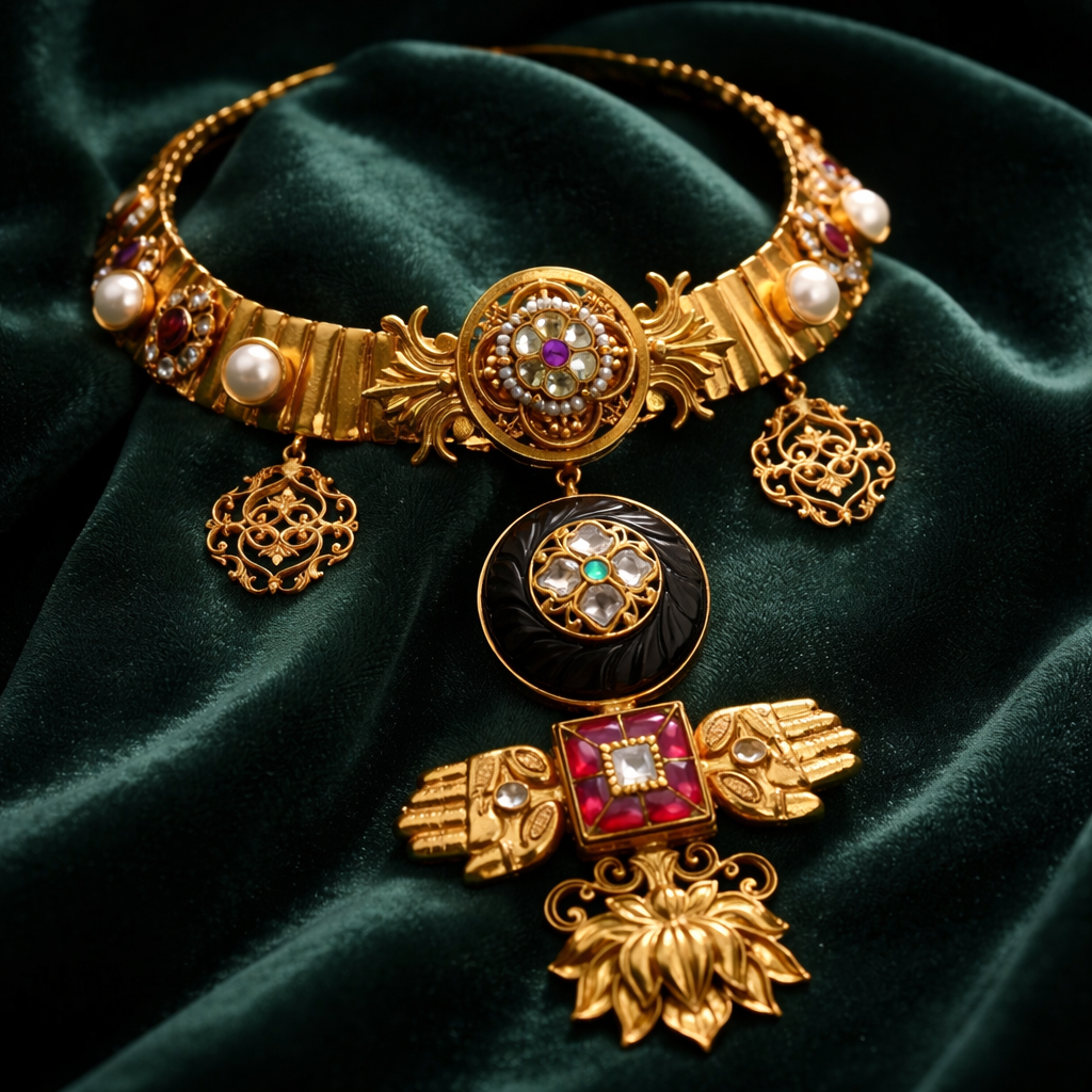 Designer gold necklace with kundan detailing, wooden accents, and traditional statement pendant design