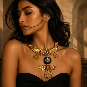 Designer gold necklace with kundan detailing, wooden accents, and traditional statement pendant design