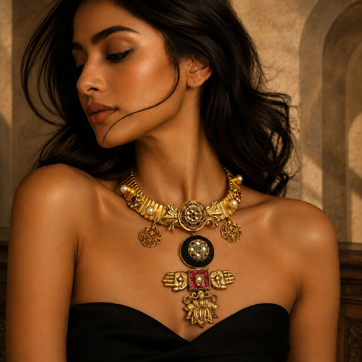 Designer gold necklace with kundan detailing, wooden accents, and traditional statement pendant design
