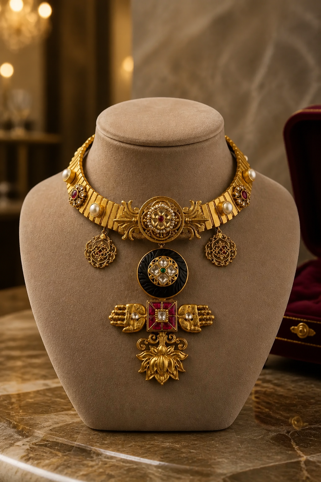 Designer gold necklace with kundan detailing, wooden accents, and traditional statement pendant design