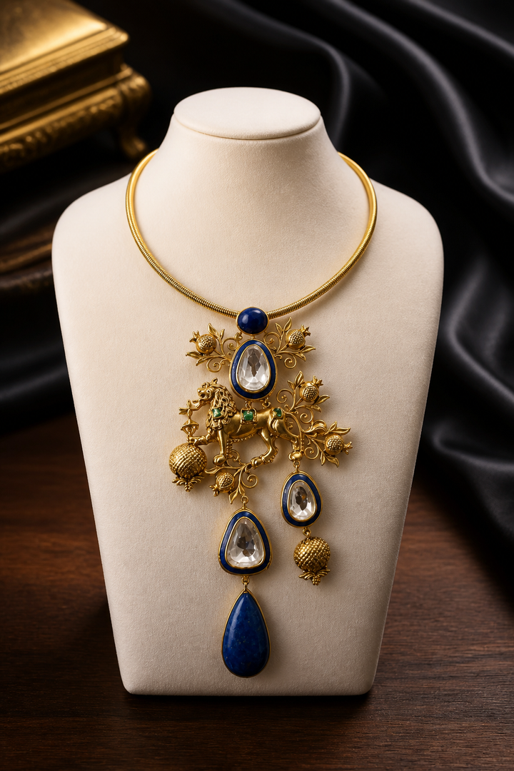 Designer gold hasli necklace with lion motif, kundan crystal detailing, and lapis stone pendant in ethnic statement style
